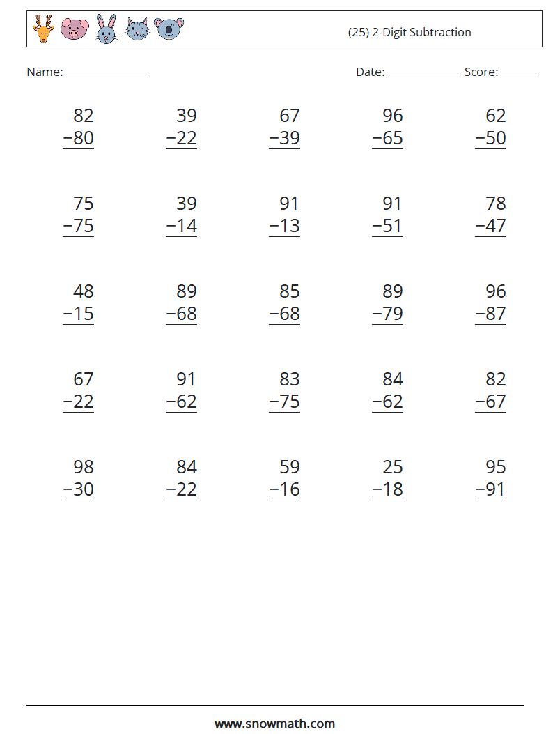(25) 2-Digit Subtraction Math Worksheets 8