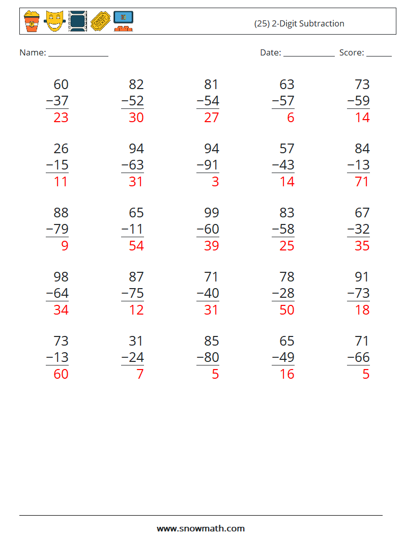 (25) 2-Digit Subtraction Math Worksheets 9 Question, Answer