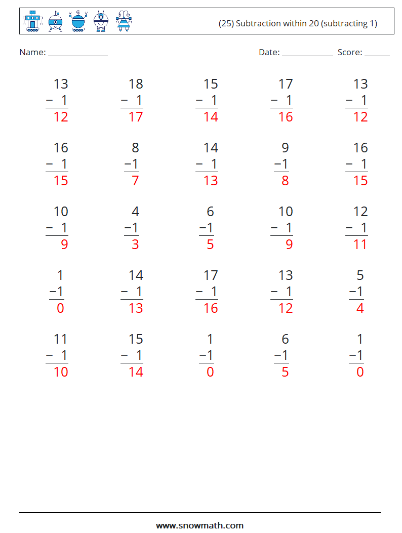 (25) Subtraction within 20 (subtracting 1) Math Worksheets 10 Question, Answer