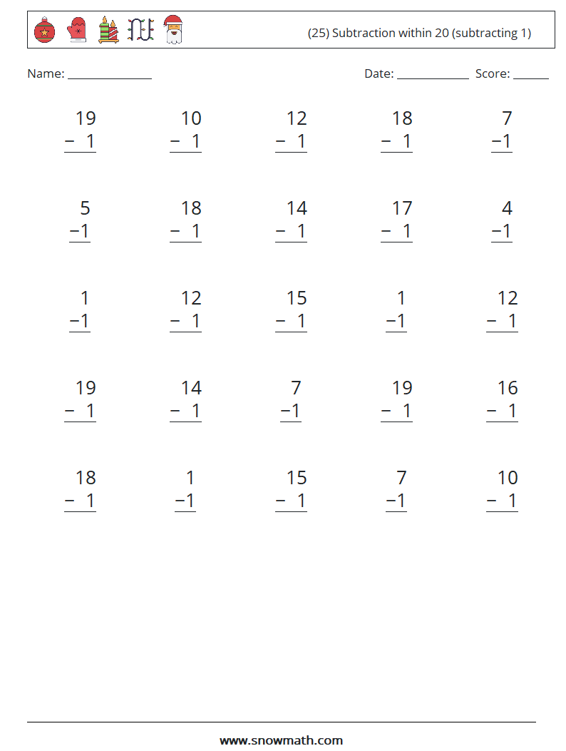 (25) Subtraction within 20 (subtracting 1) Math Worksheets 11