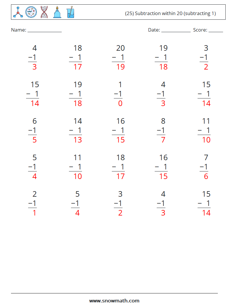 (25) Subtraction within 20 (subtracting 1) Math Worksheets 13 Question, Answer