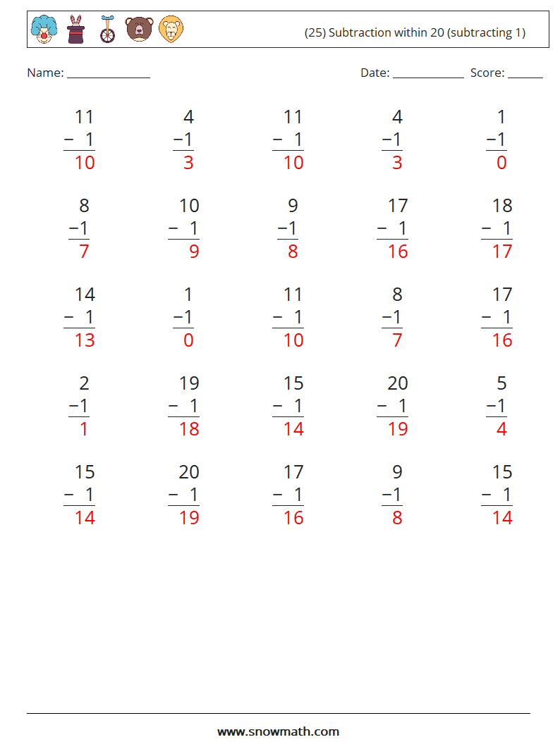 (25) Subtraction within 20 (subtracting 1) Math Worksheets 15 Question, Answer