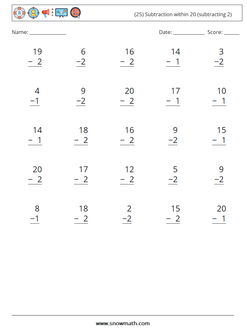(25) Subtraction within 20 (subtracting 2) Math Worksheets 7