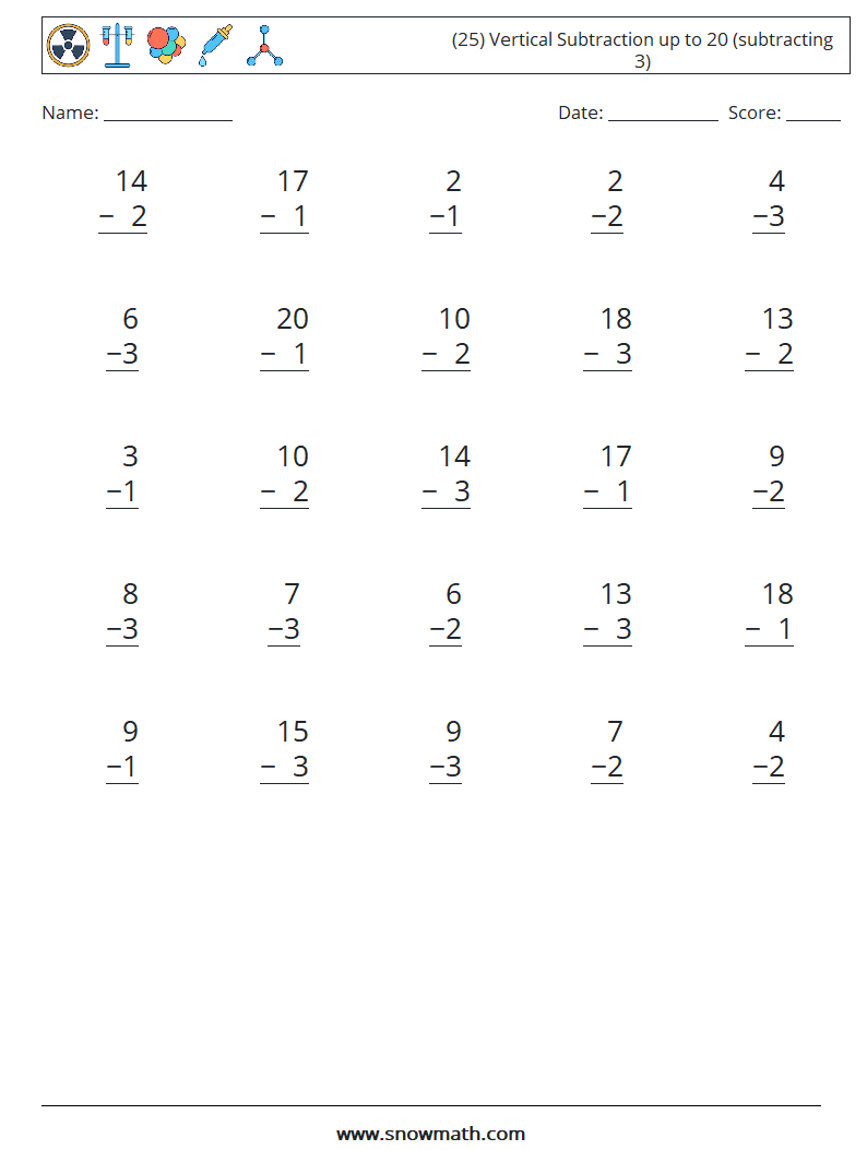 (25) Vertical Subtraction up to 20 (subtracting 3) Maths Worksheets 10