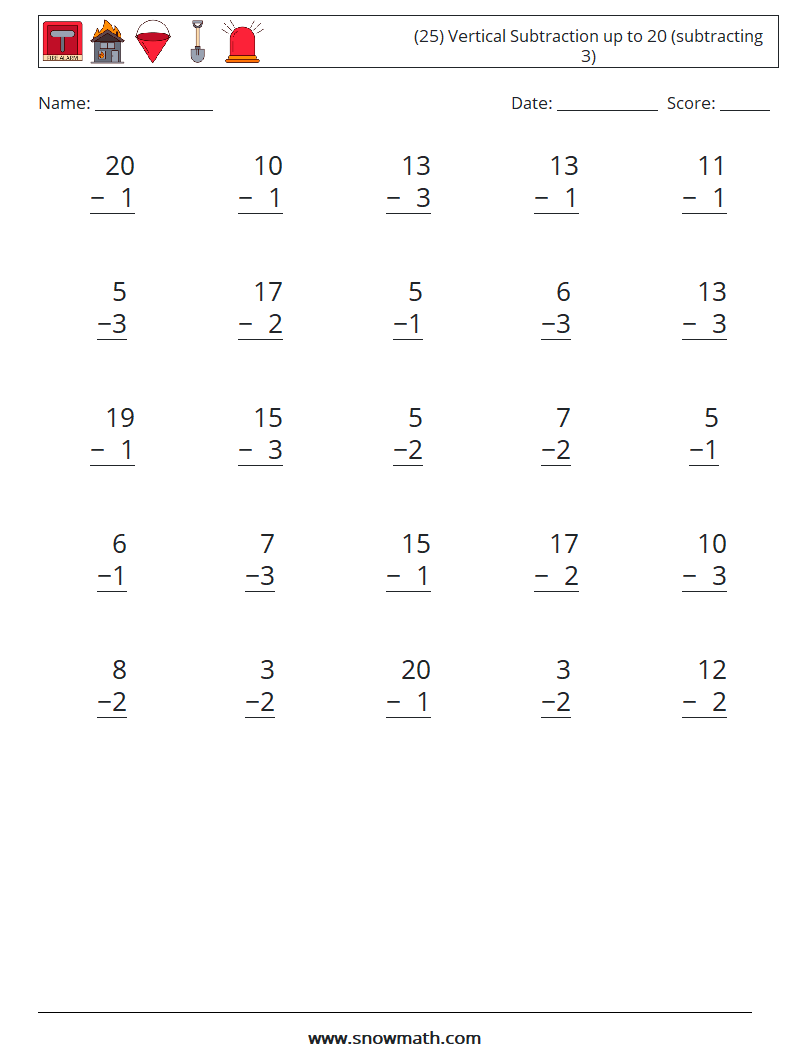(25) Vertical Subtraction up to 20 (subtracting 3) Math Worksheets 11