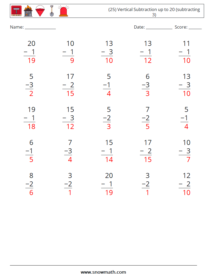 (25) Vertical Subtraction up to 20 (subtracting 3) Math Worksheets 11 Question, Answer