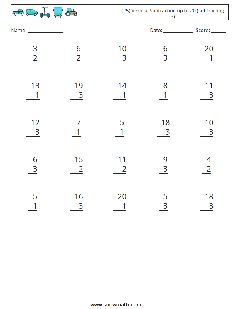 (25) Vertical Subtraction up to 20 (subtracting 3) Maths Worksheets 14