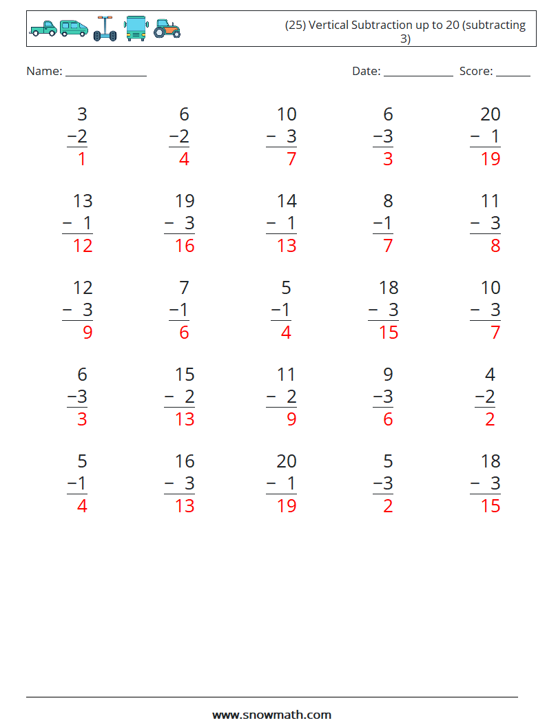 (25) Vertical Subtraction up to 20 (subtracting 3) Math Worksheets 14 Question, Answer