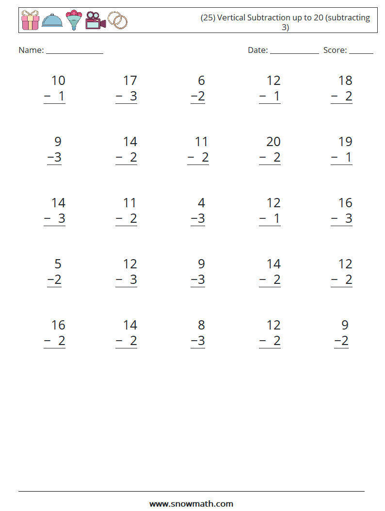 (25) Vertical Subtraction up to 20 (subtracting 3) Math Worksheets 16