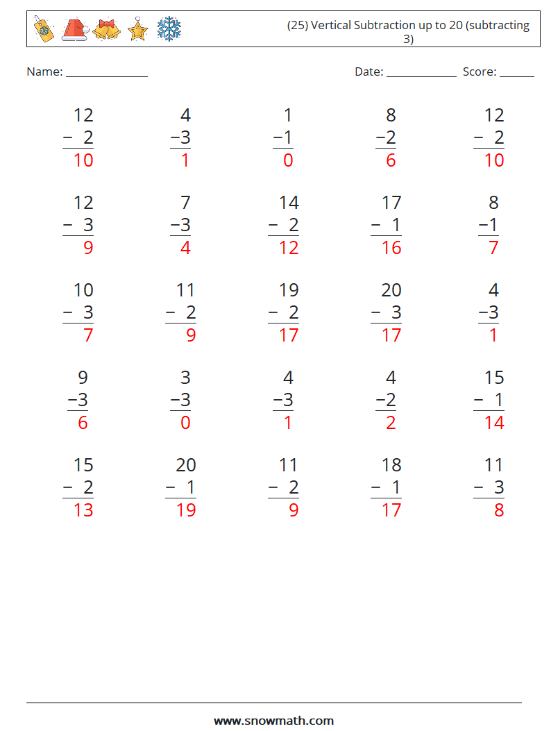 (25) Vertical Subtraction up to 20 (subtracting 3) Math Worksheets 17 Question, Answer