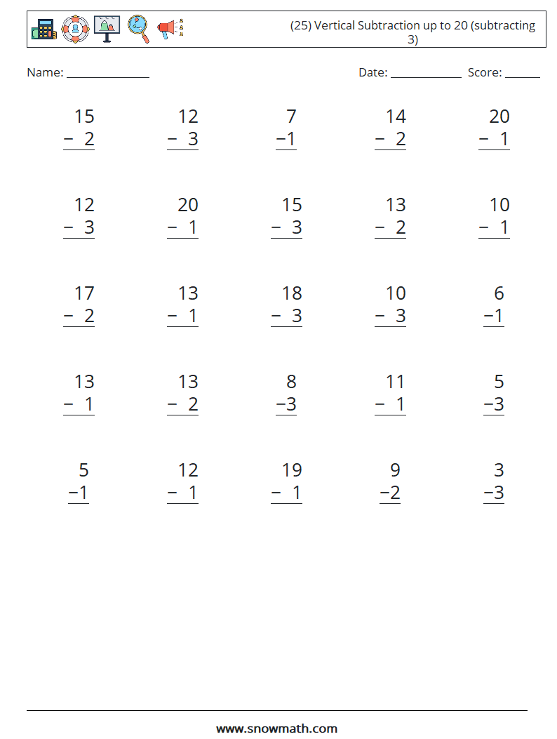 (25) Vertical Subtraction up to 20 (subtracting 3) Math Worksheets 18