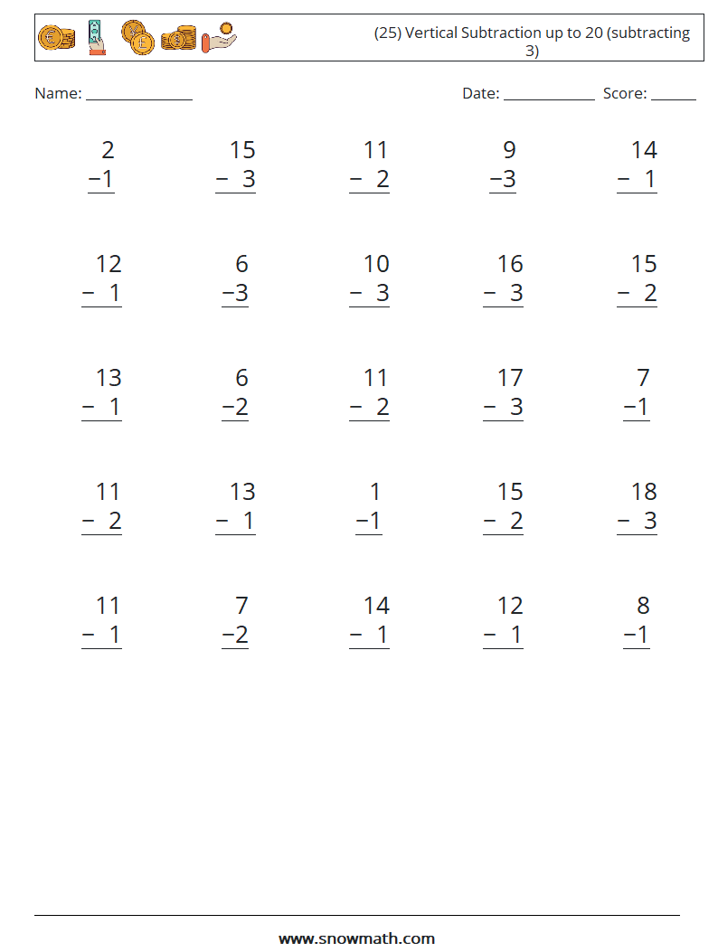 (25) Vertical Subtraction up to 20 (subtracting 3) Math Worksheets 2