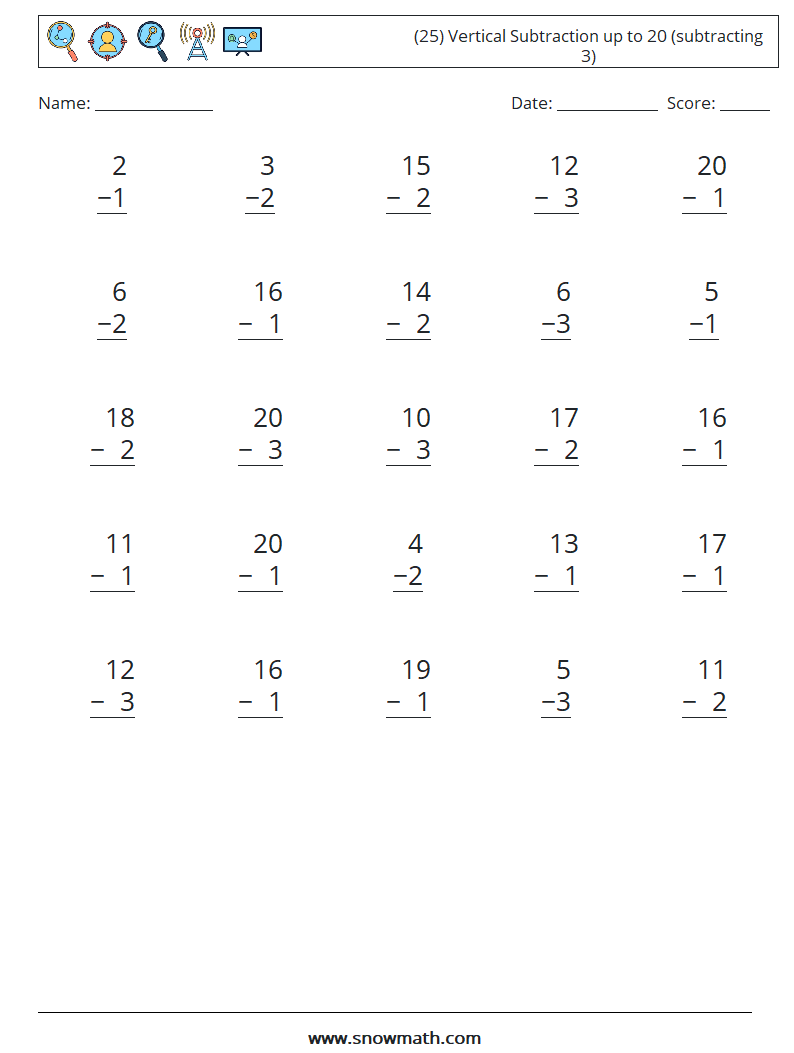 (25) Vertical Subtraction up to 20 (subtracting 3) Math Worksheets 3