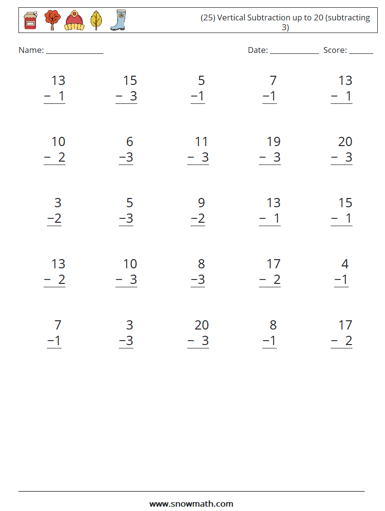 (25) Vertical Subtraction up to 20 (subtracting 3) Math Worksheets 5