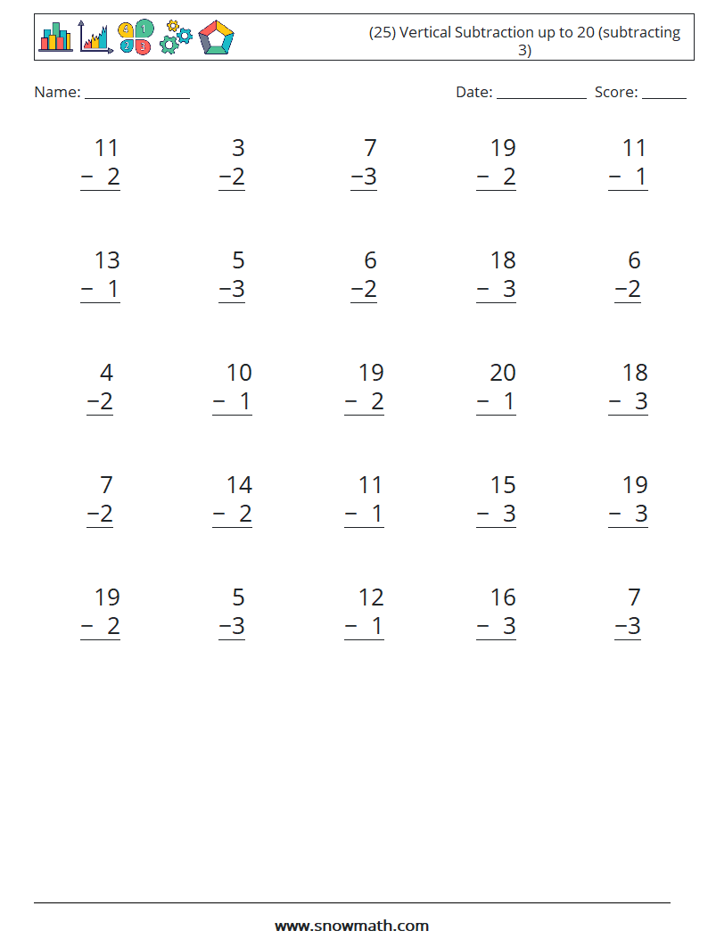 (25) Vertical Subtraction up to 20 (subtracting 3) Maths Worksheets 6