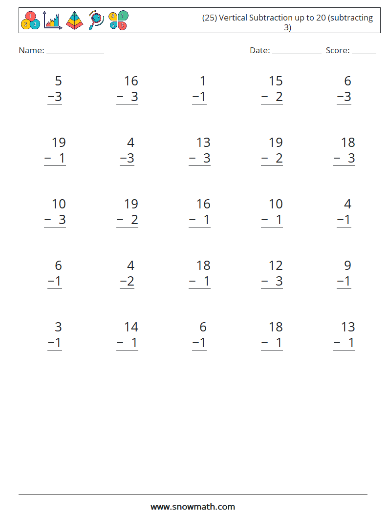 (25) Vertical Subtraction up to 20 (subtracting 3) Math Worksheets 7