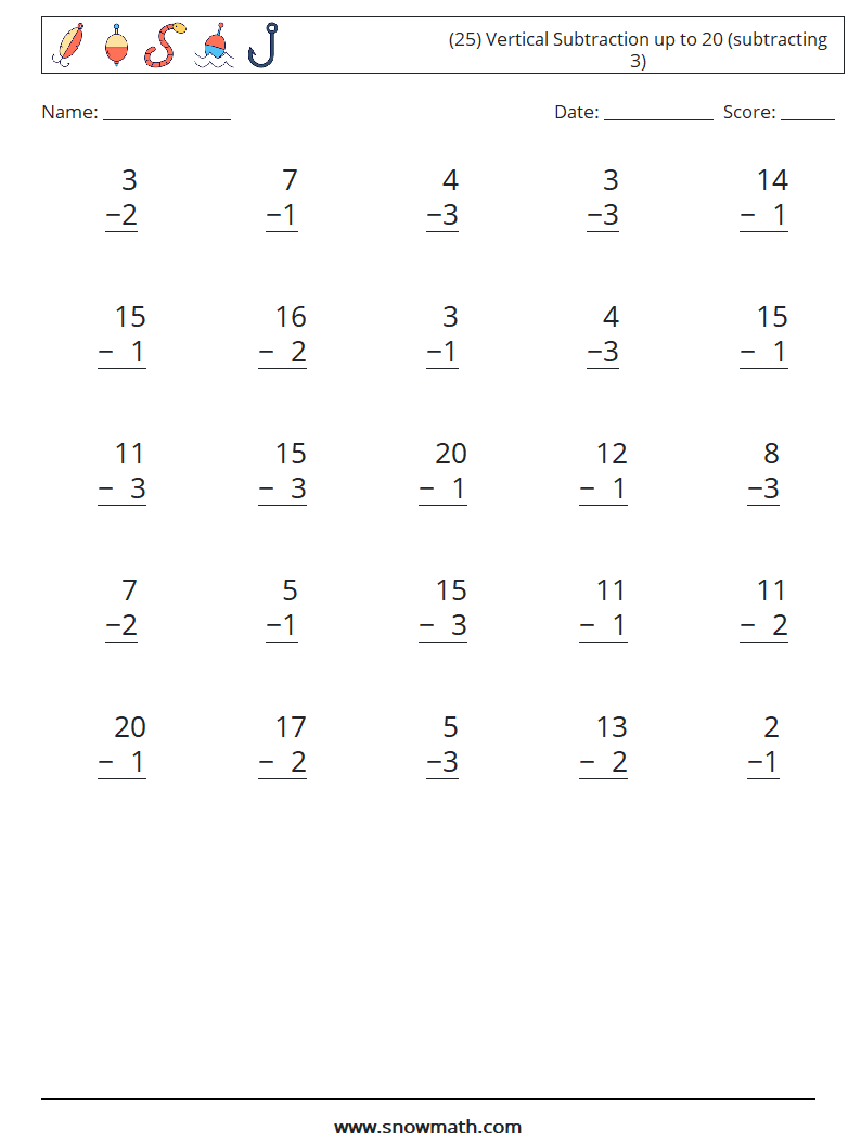 (25) Vertical Subtraction up to 20 (subtracting 3) Math Worksheets 8