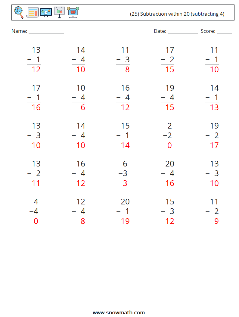 (25) Subtraction within 20 (subtracting 4) Math Worksheets 10 Question, Answer