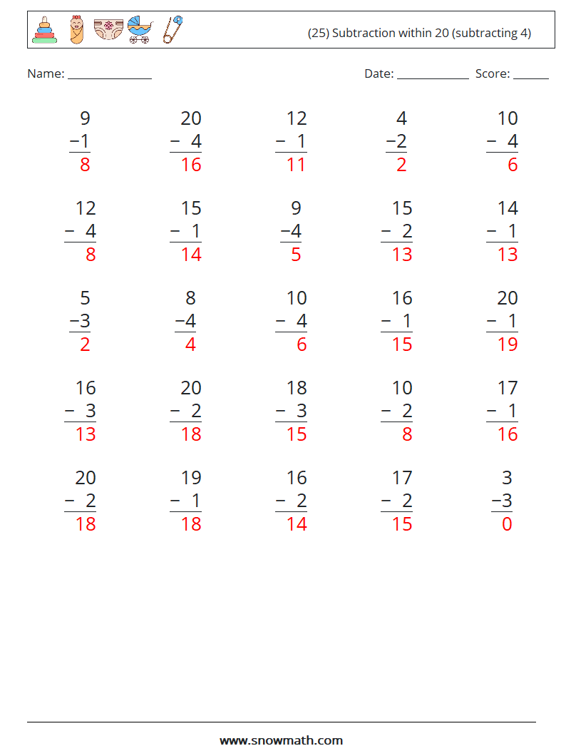 (25) Subtraction within 20 (subtracting 4) Math Worksheets 13 Question, Answer