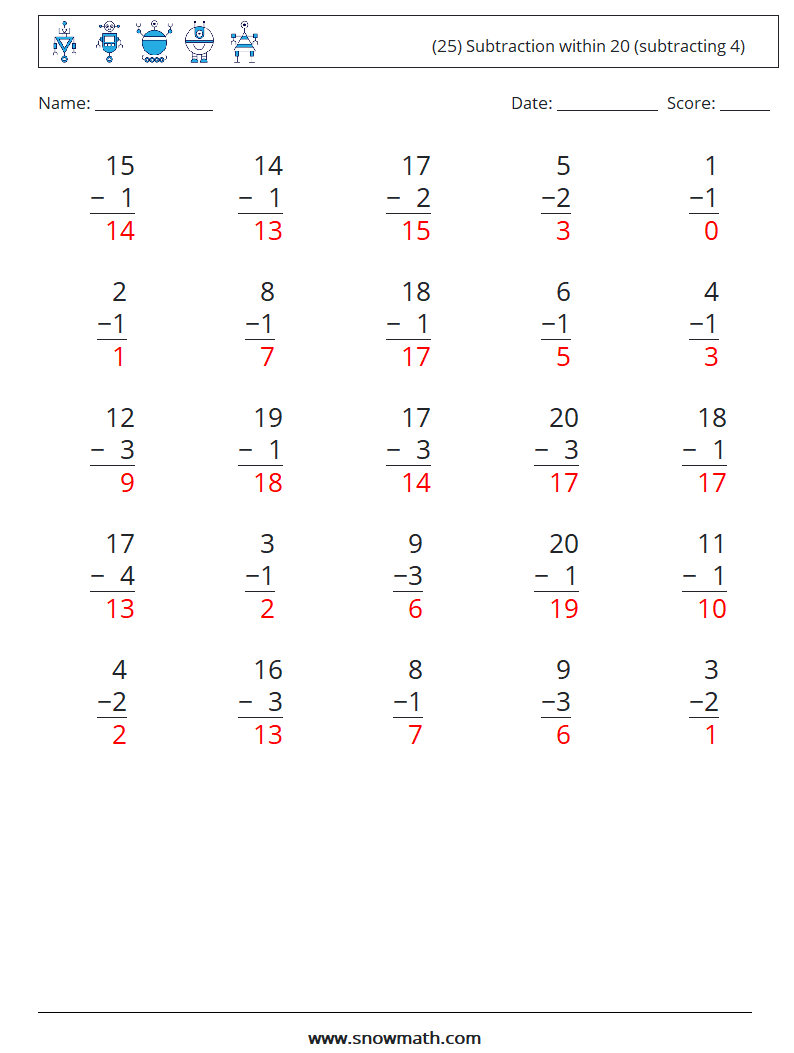 (25) Subtraction within 20 (subtracting 4) Math Worksheets 14 Question, Answer