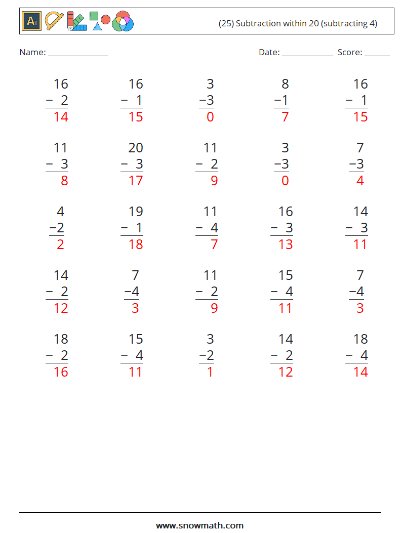 (25) Subtraction within 20 (subtracting 4) Math Worksheets 15 Question, Answer