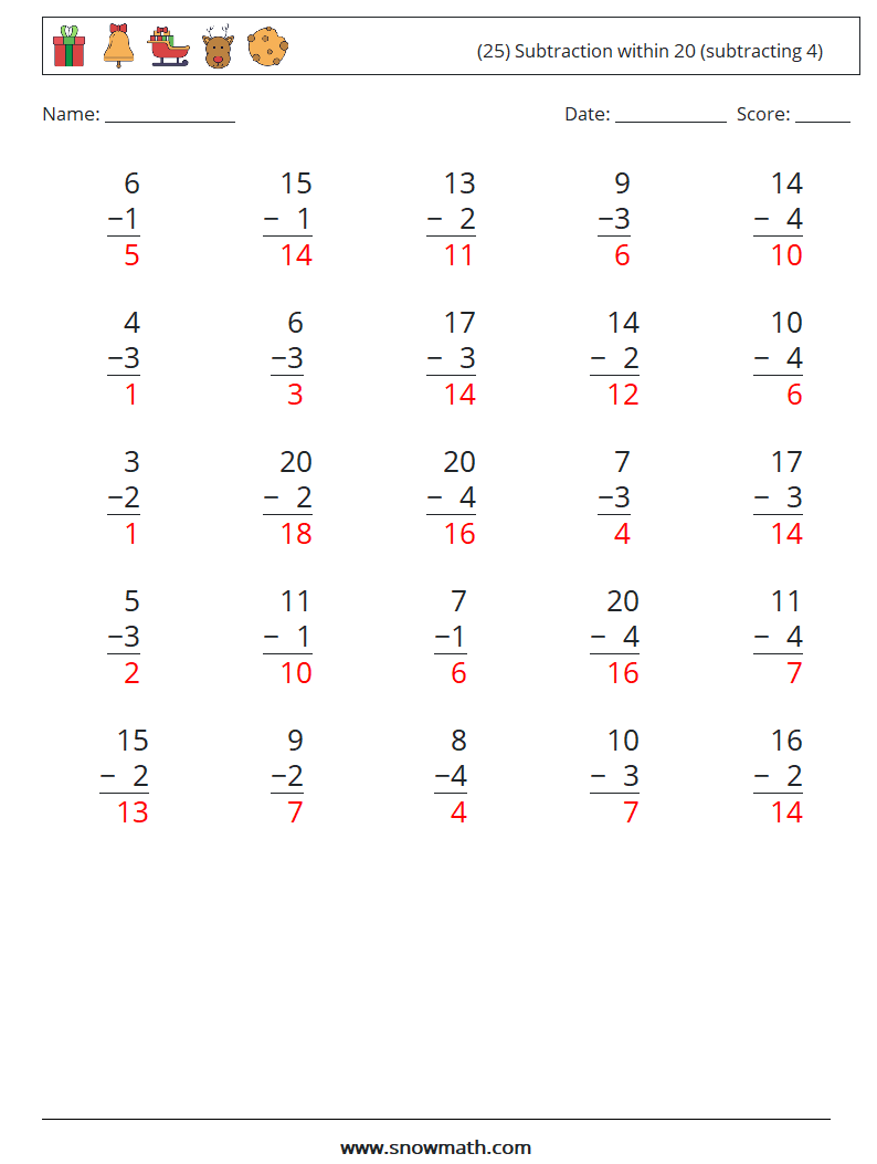 (25) Subtraction within 20 (subtracting 4) Math Worksheets 17 Question, Answer