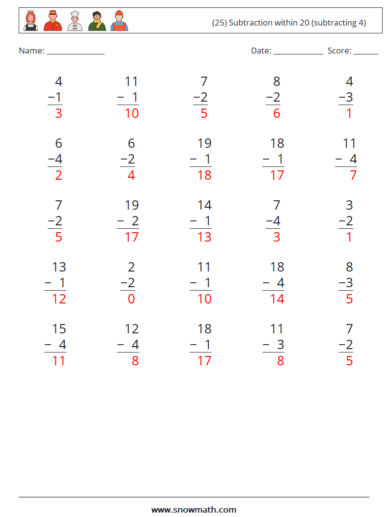 (25) Subtraction within 20 (subtracting 4) Math Worksheets 3 Question, Answer