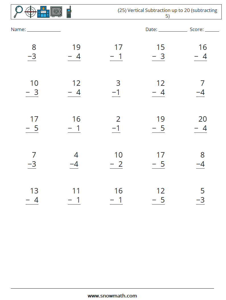 (25) Vertical Subtraction up to 20 (subtracting 5)