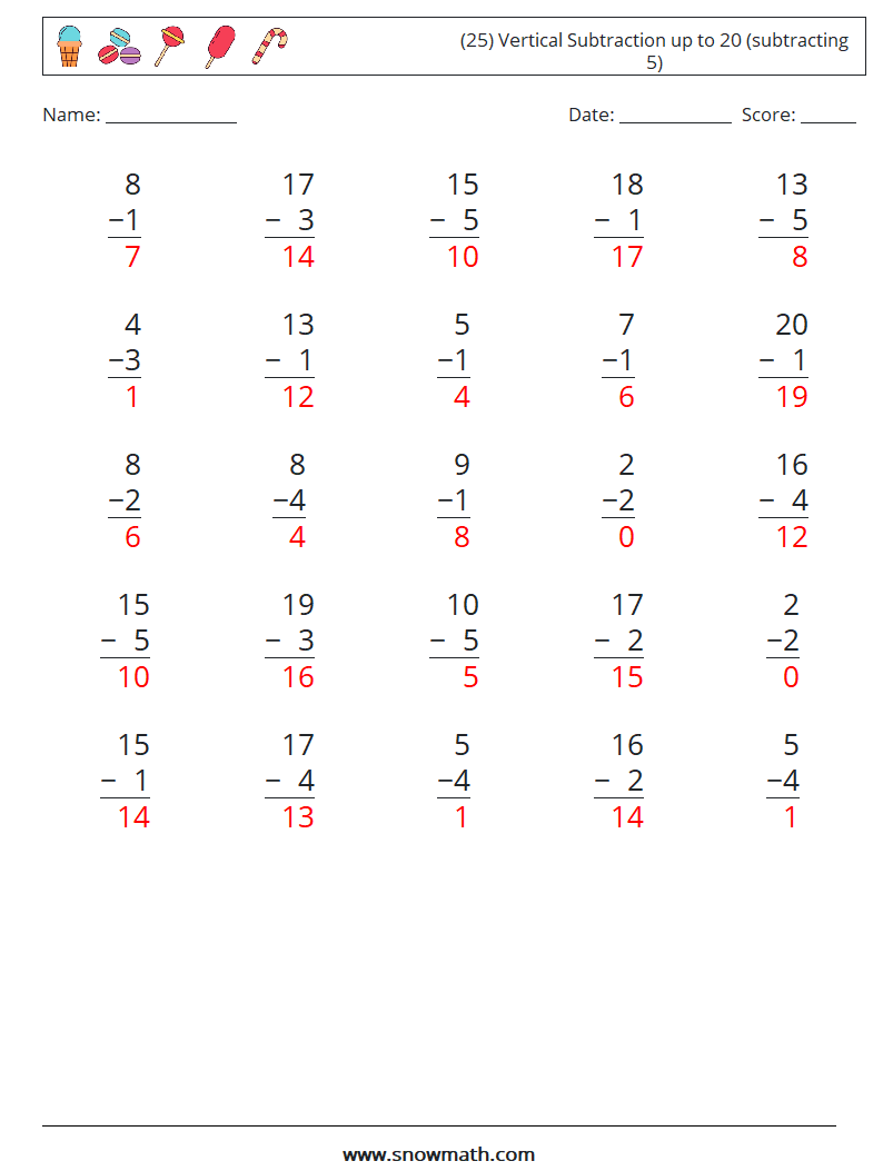 (25) Vertical Subtraction up to 20 (subtracting 5) Math Worksheets 10 Question, Answer
