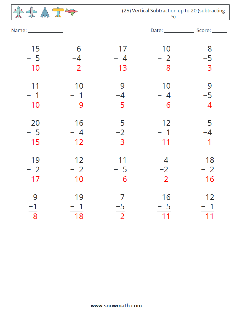 (25) Vertical Subtraction up to 20 (subtracting 5) Math Worksheets 13 Question, Answer