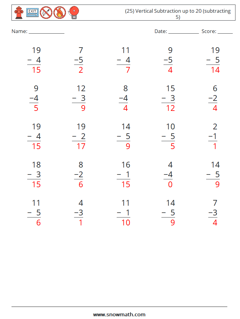 (25) Vertical Subtraction up to 20 (subtracting 5) Math Worksheets 14 Question, Answer