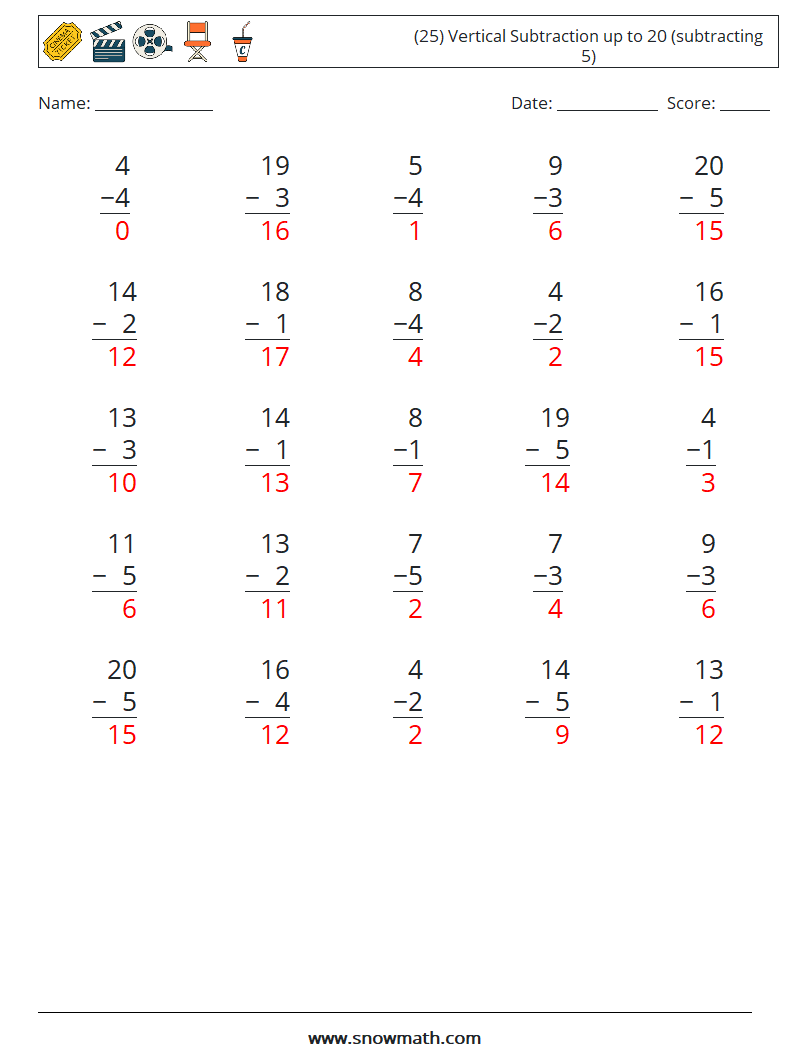 (25) Vertical Subtraction up to 20 (subtracting 5) Math Worksheets 17 Question, Answer