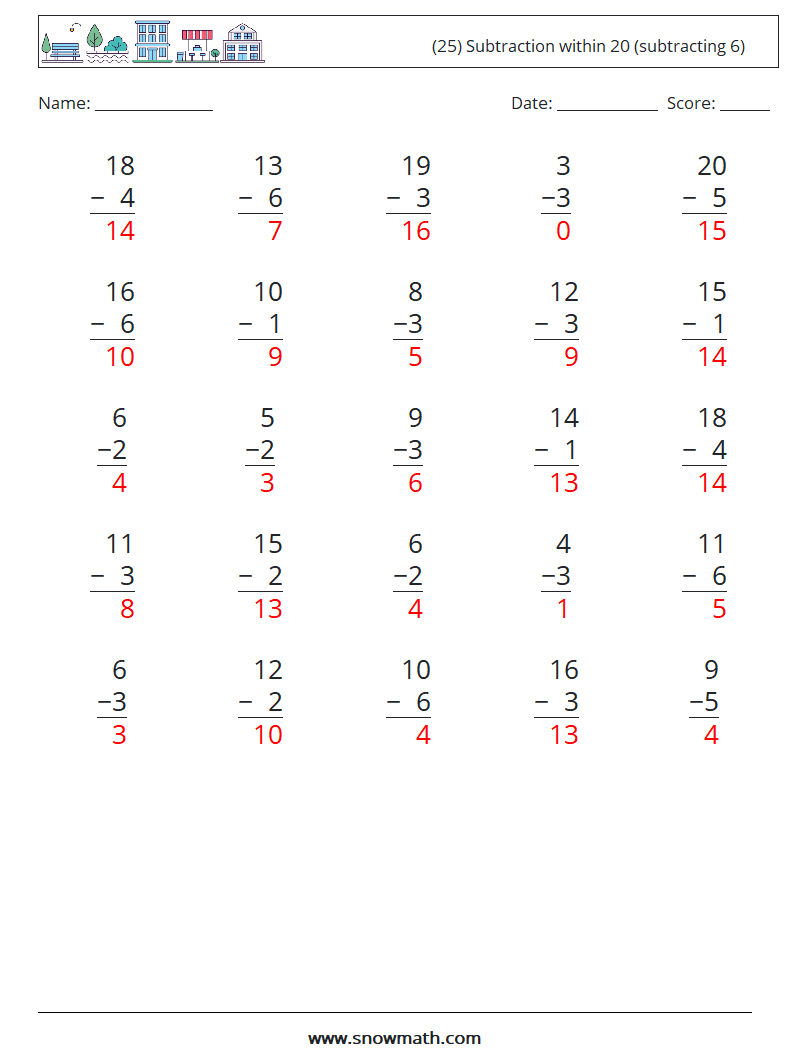 (25) Subtraction within 20 (subtracting 6) Math Worksheets 15 Question, Answer