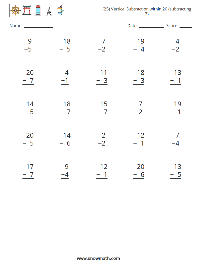 (25) Vertical Subtraction within 20 (subtracting 7)