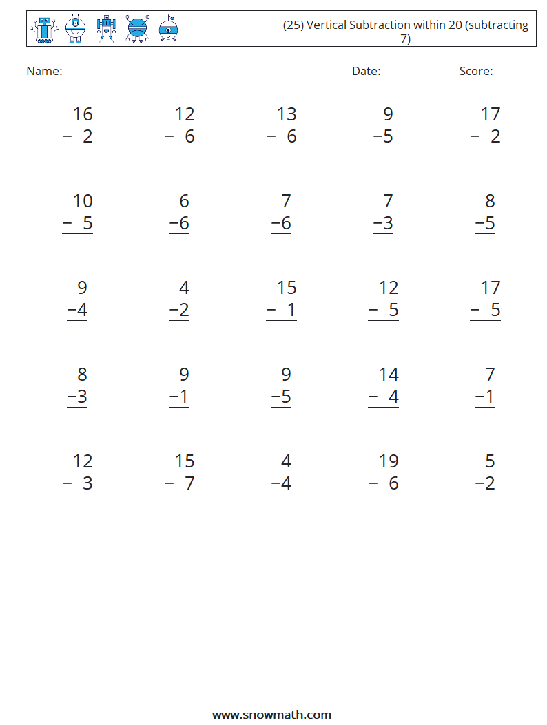 (25) Vertical Subtraction within 20 (subtracting 7) Math Worksheets 11
