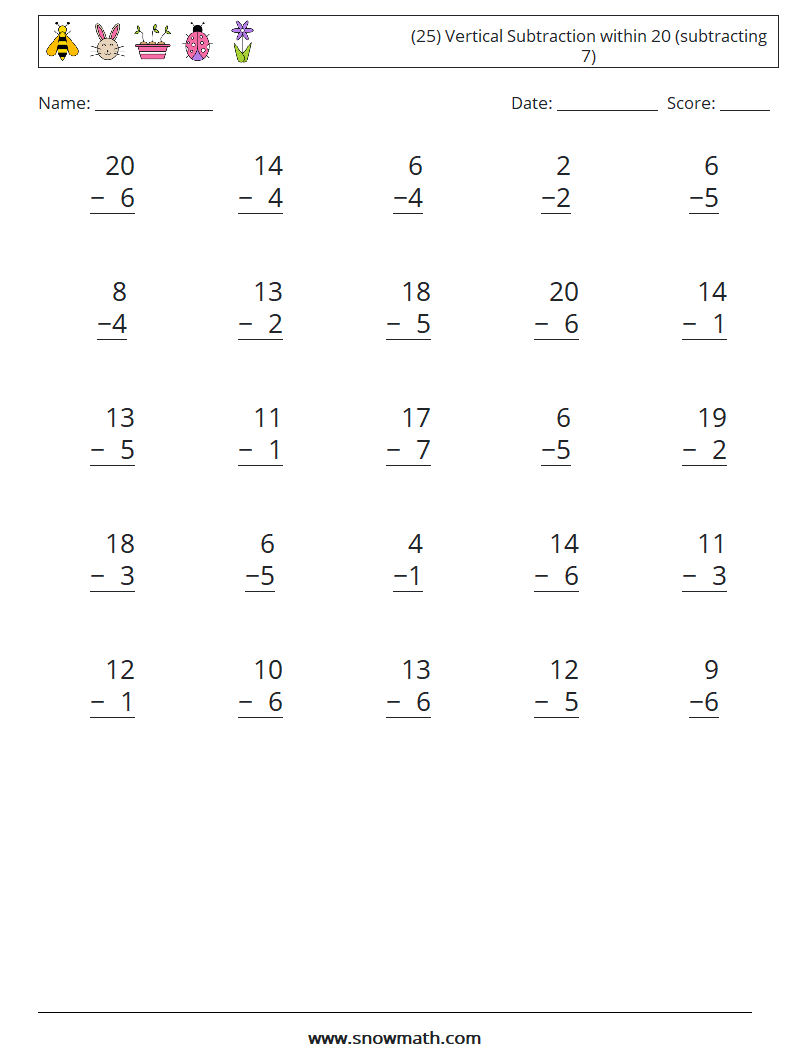(25) Vertical Subtraction within 20 (subtracting 7) Math Worksheets 13