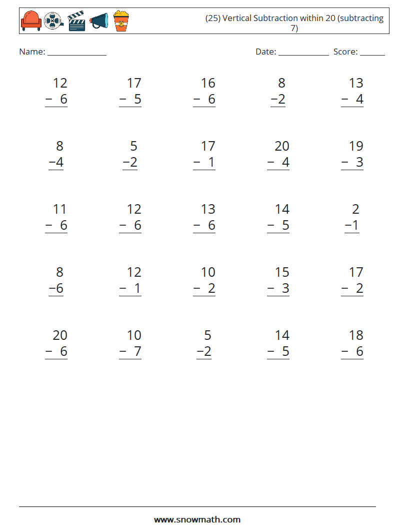 (25) Vertical Subtraction within 20 (subtracting 7) Math Worksheets 14