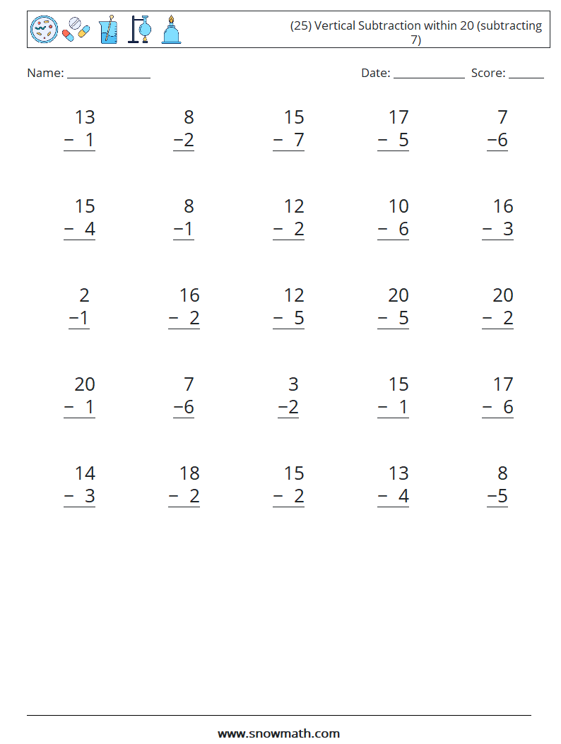 (25) Vertical Subtraction within 20 (subtracting 7) Math Worksheets 15