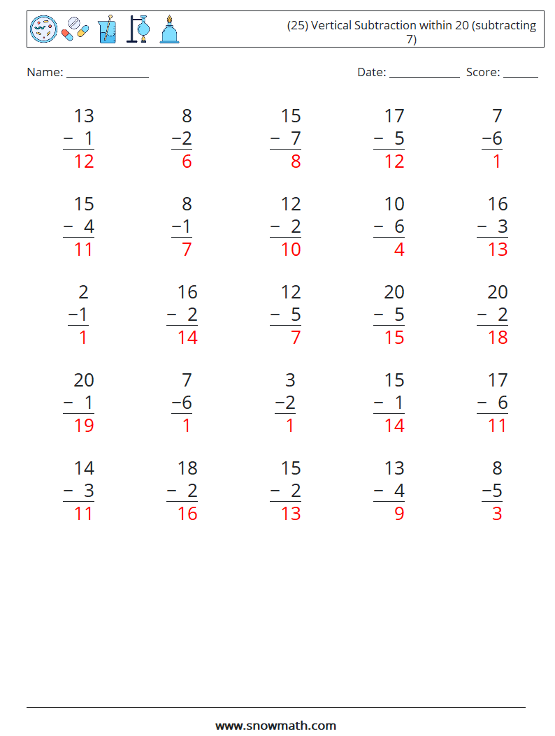 (25) Vertical Subtraction within 20 (subtracting 7) Math Worksheets 15 Question, Answer