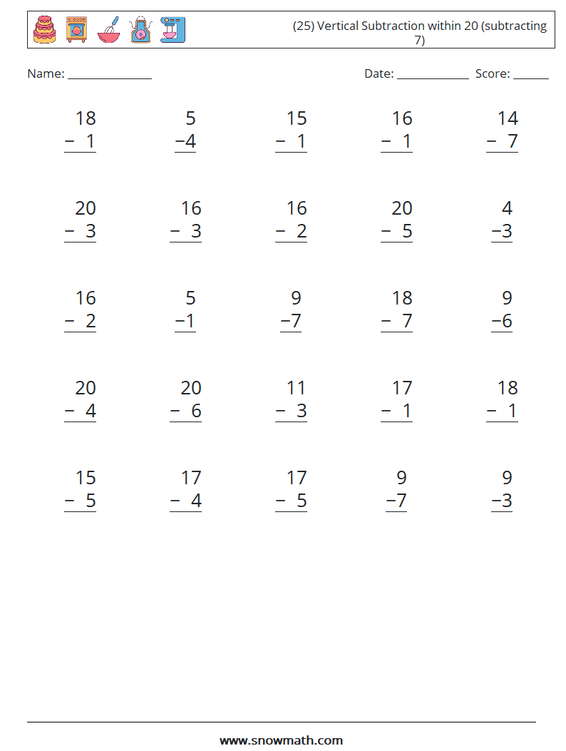(25) Vertical Subtraction within 20 (subtracting 7) Maths Worksheets 17