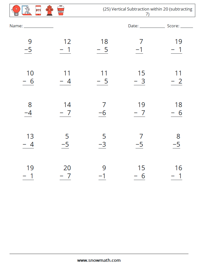(25) Vertical Subtraction within 20 (subtracting 7) Math Worksheets 18