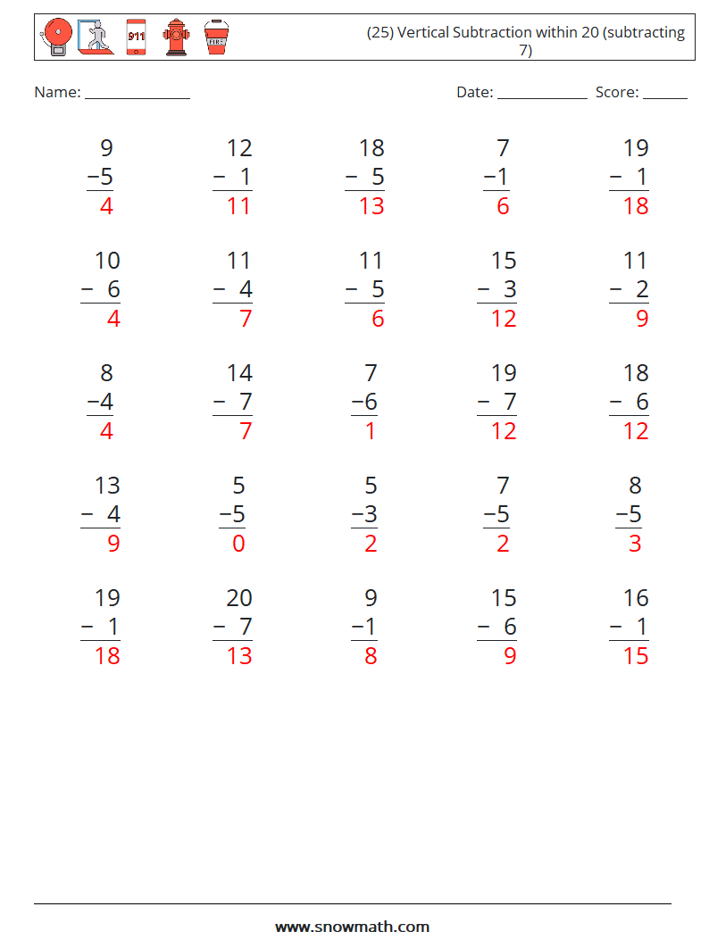 (25) Vertical Subtraction within 20 (subtracting 7) Math Worksheets 18 Question, Answer