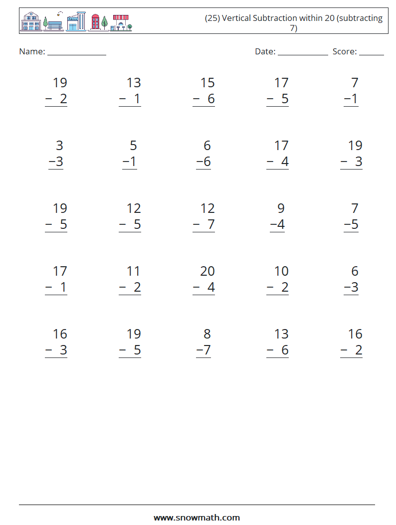 (25) Vertical Subtraction within 20 (subtracting 7) Math Worksheets 2