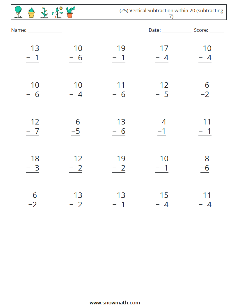 (25) Vertical Subtraction within 20 (subtracting 7) Maths Worksheets 5