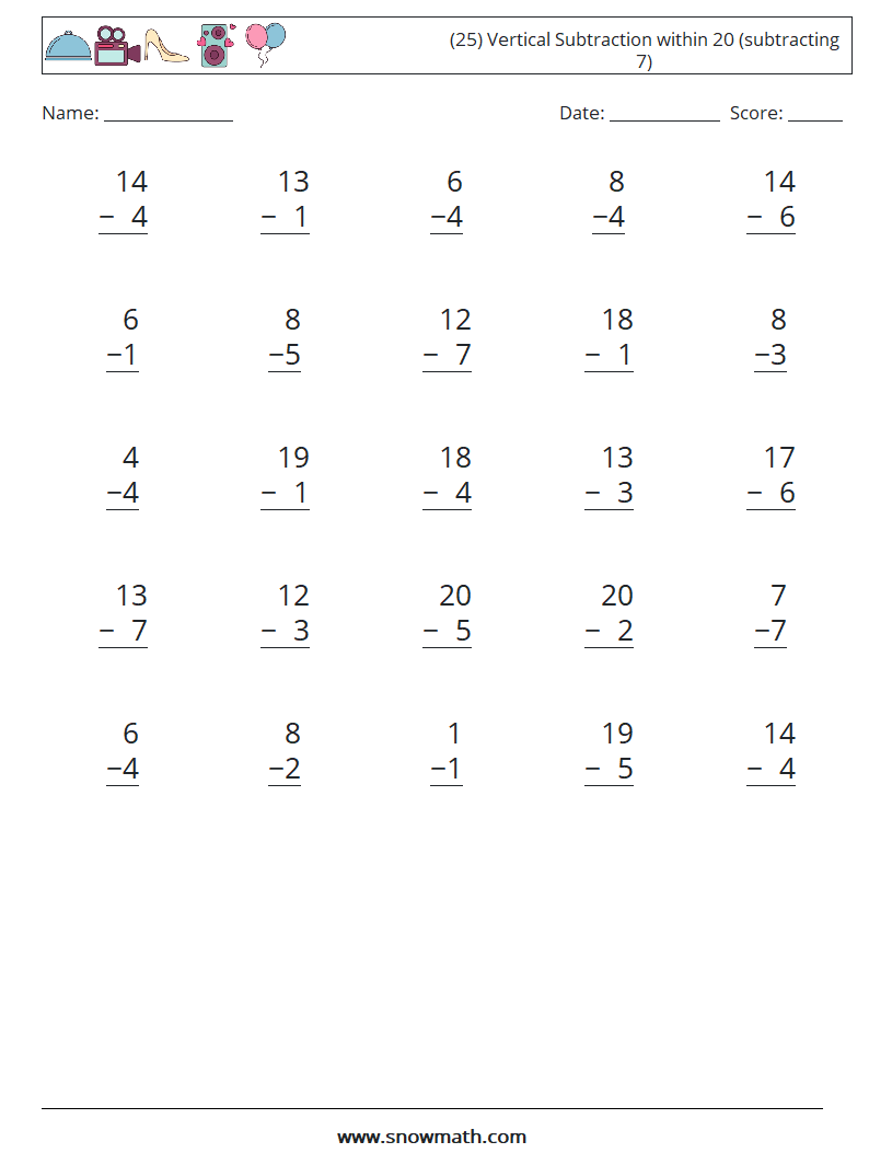 (25) Vertical Subtraction within 20 (subtracting 7) Math Worksheets 7