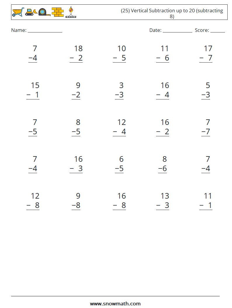 (25) Vertical Subtraction up to 20 (subtracting 8)