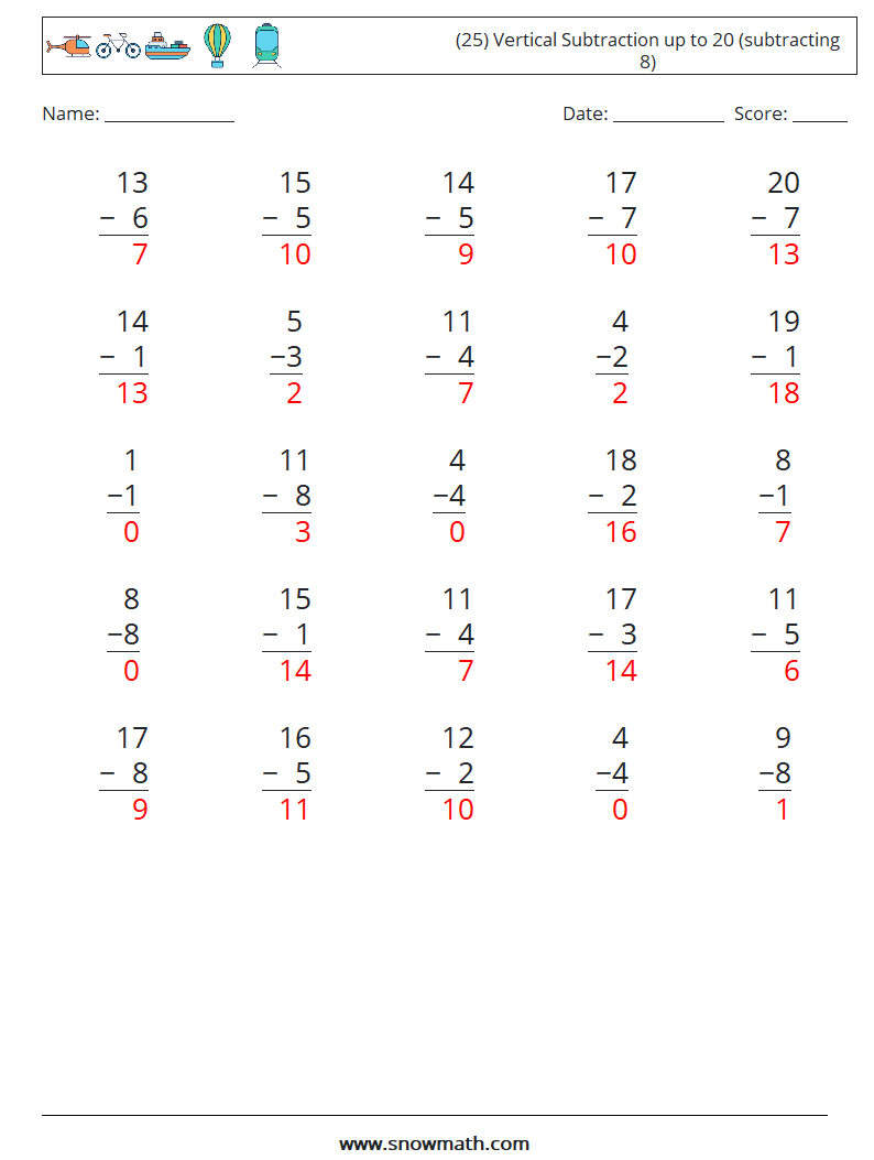 (25) Vertical Subtraction up to 20 (subtracting 8) Math Worksheets 10 Question, Answer