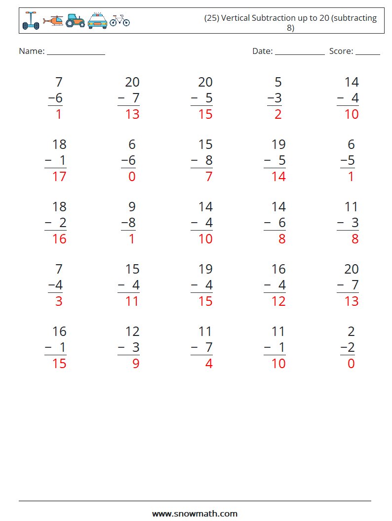 (25) Vertical Subtraction up to 20 (subtracting 8) Math Worksheets 11 Question, Answer