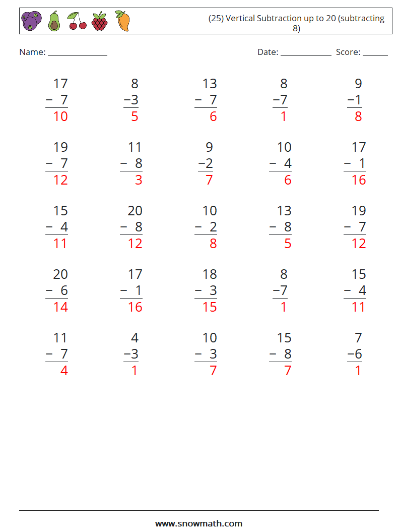 (25) Vertical Subtraction up to 20 (subtracting 8) Math Worksheets 12 Question, Answer