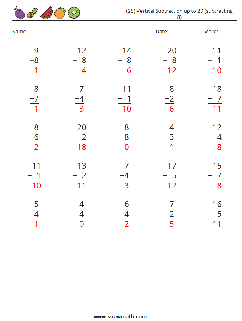 (25) Vertical Subtraction up to 20 (subtracting 8) Math Worksheets 16 Question, Answer